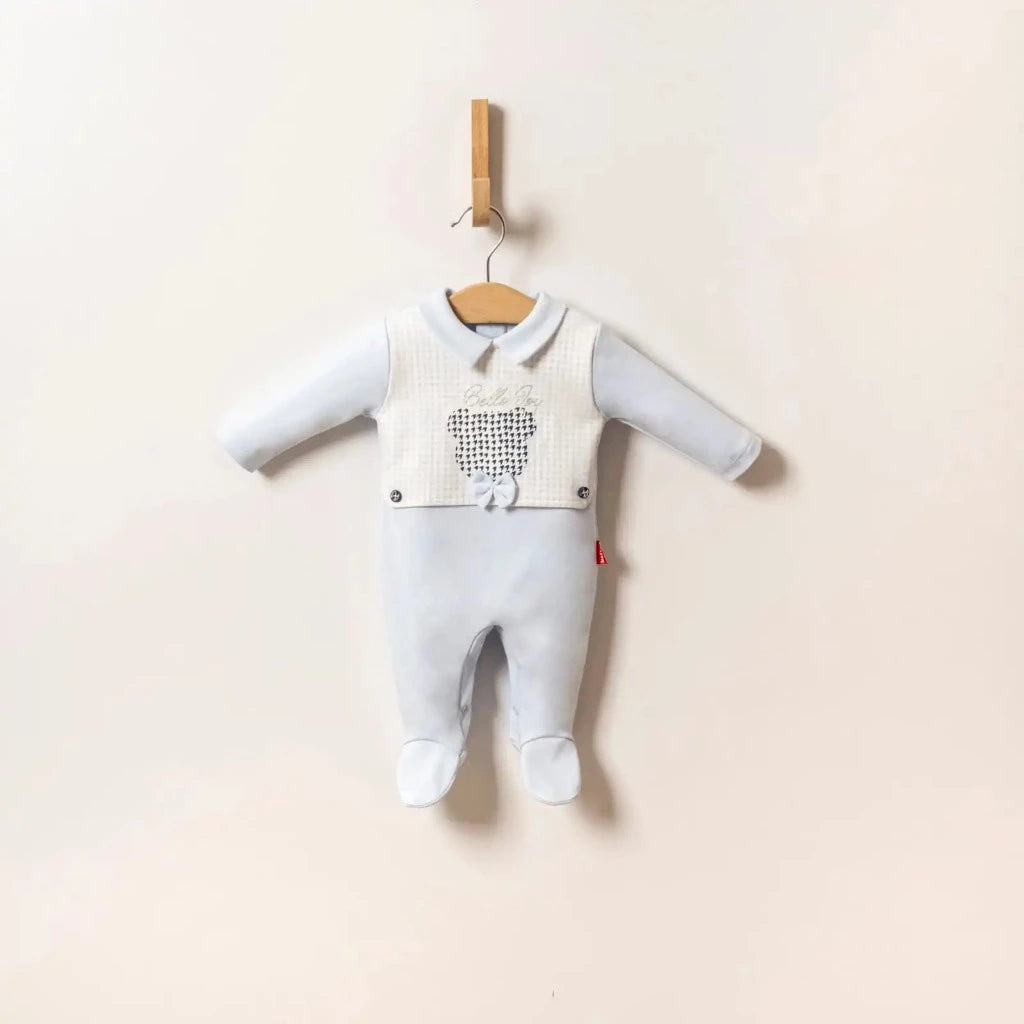 Luxury baby boy sleepsuit in pale blue with white dog tooth design on the bib and a teddy design with a bow, pale blue collar and long sleeves