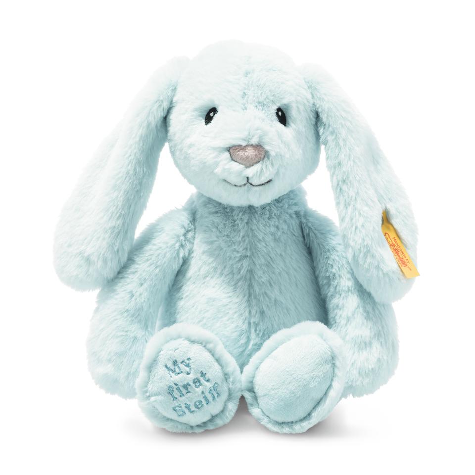 Steiff button in the ear soft blue rabbit with floppy ears and My first Steiff embroidered on the foot