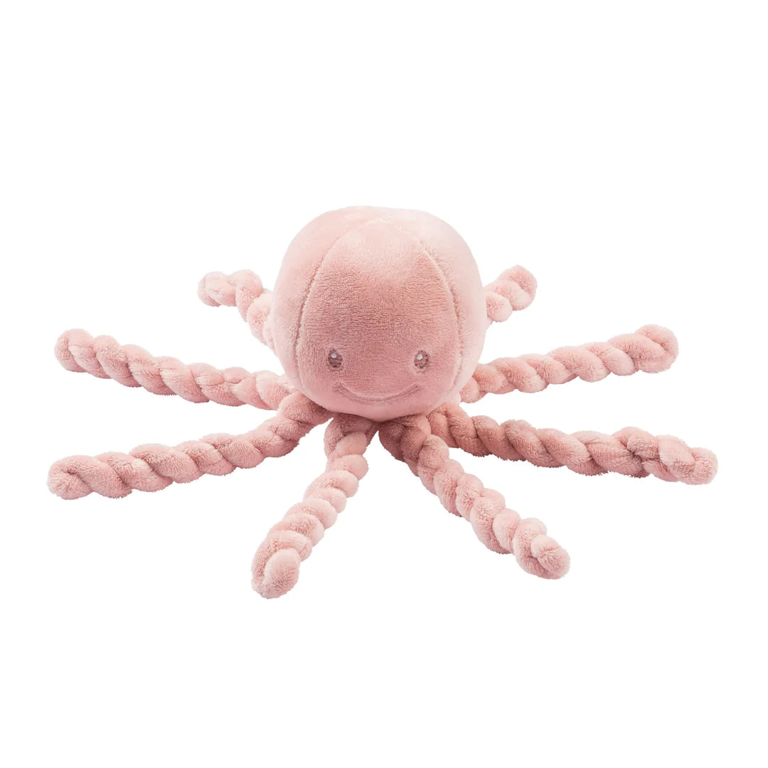 Pink octopus soft toy with twisted tentacles which simulate the placental cord