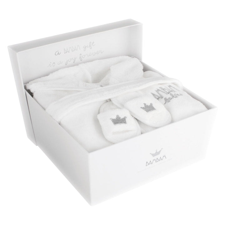 White towelling baby dressing gown and matching slippers with silver crown embroidery all in a luxury gift box