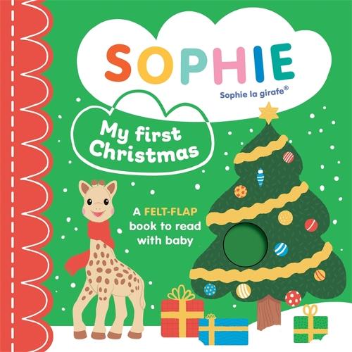 White magnetic ribbon tabbed, with baby and new mum gifts , matching red bobble hats for mum and baby, Sofie La Giraffe soft teether giraffe, Sophie La Giraffe first christmas baby book, soft cuddly brown moose by Mary Meyer, soft white knit booties