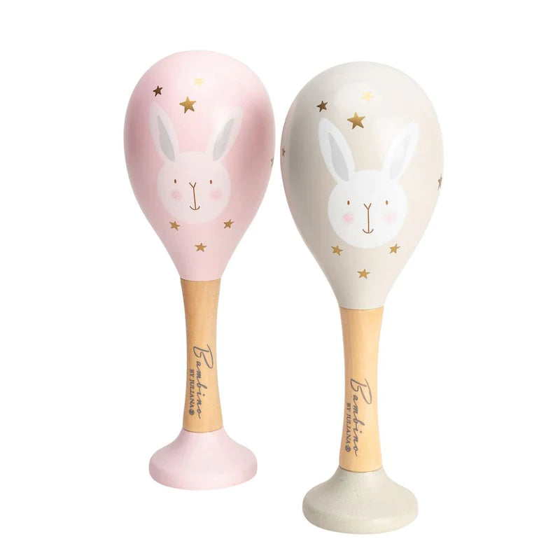 2 baby wooden maracs in pink and grey with sweet rabbit designs