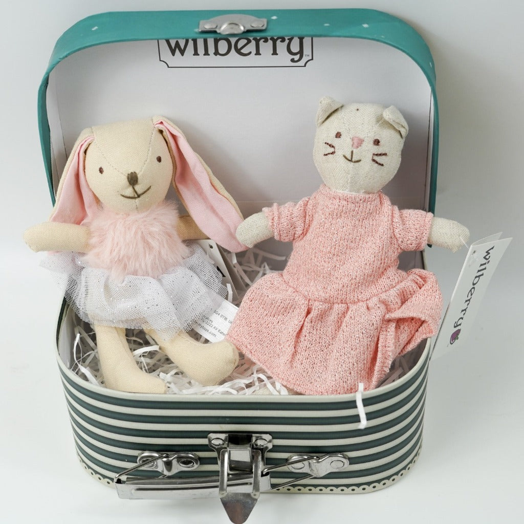 childs suitcase with Wilberry collectables white cat with pink dress and rabbit with pink clothing
