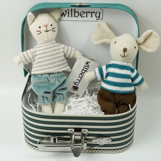 Childs suitcase with 2 soft toys with clothes including a Wilberry Collectable Cat and Mouse