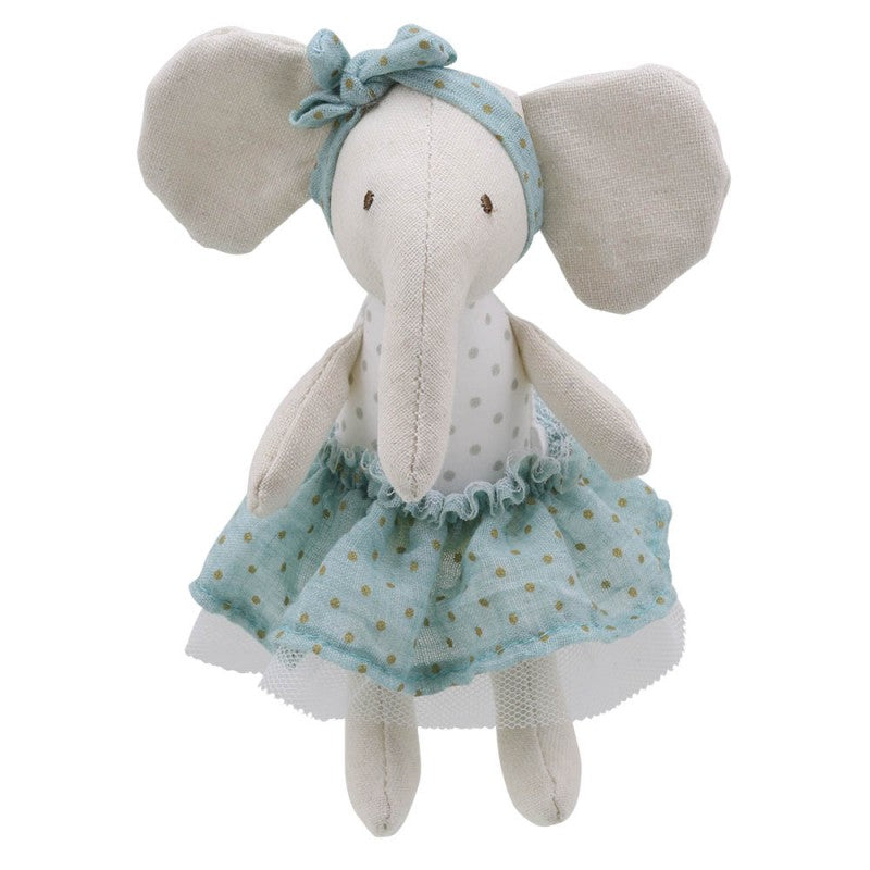 Wilberry collectables cream elephant toy in pale green spot skirt with matching headband