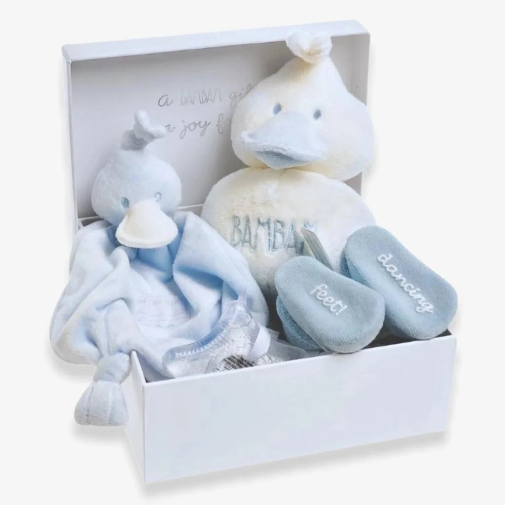Luxury baby boy gift hamper with a pale blue duck comforter , white and blue duck, knitted baby sock and a star silicon teether