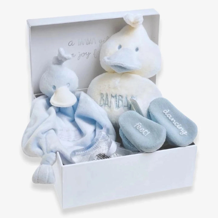 Luxury baby boy gift hamper with a pale blue duck comforter , white and blue duck, knitted baby sock and a star silicon teether