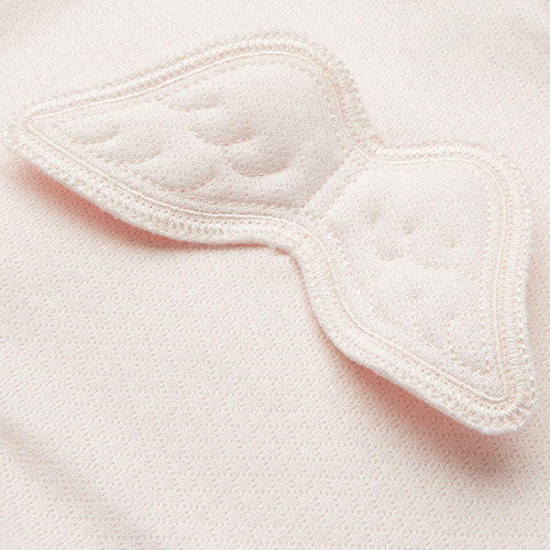Soft pink blanket with a white crown, pale pink prima cotton sleepsuit with angel wings by Marie Chantal in a gift box