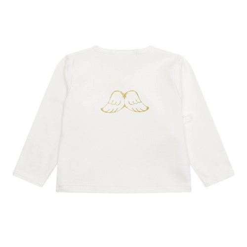 creamy white baby jersey two peice set including cross over white top with gold angle wings on the back, draw string matching creamy white jersey pants and a matching draw string bag by Marie Chantal