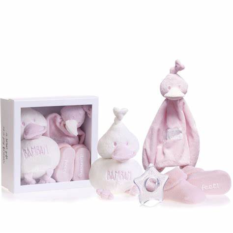 Pink duck baby gift et with a white soft duck toy and pink duck comforter, pink knitted baby socks and a star silicon star teether