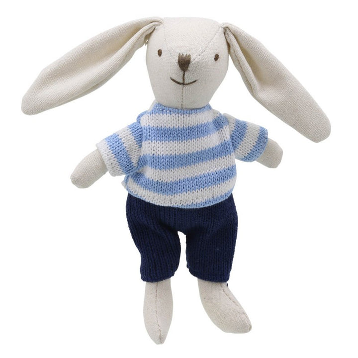 rabbit toy with clothing includes a stiped jumper and navy tousers