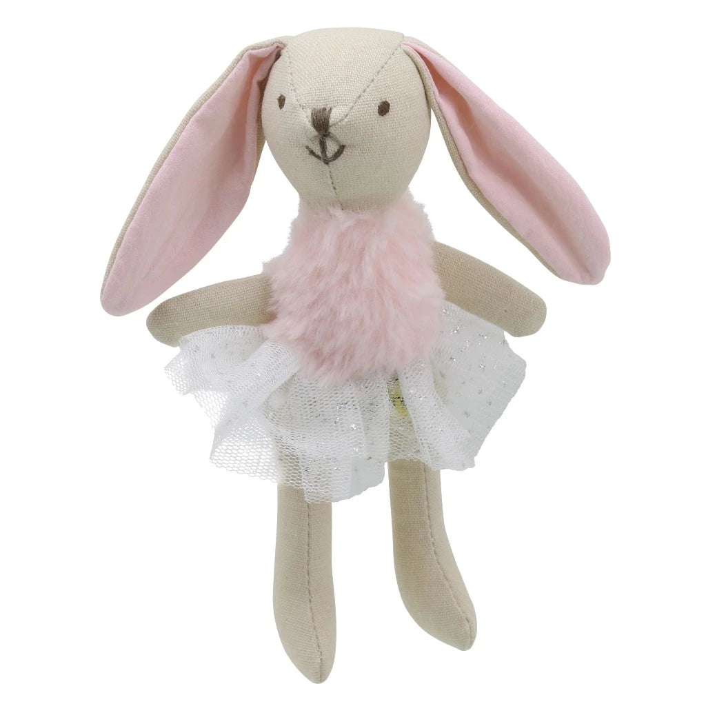 rabbit soft toy woth pink ears and pink and white clothing