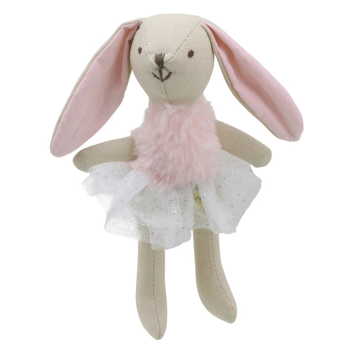 rabbit soft toy woth pink ears and pink and white clothing