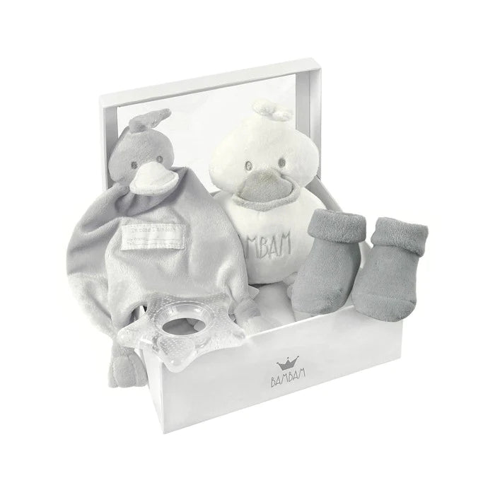 Grey and white boxed baby gift, babu soft duck, baby duck comforter in grey, baby socks , start teether