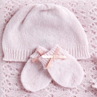 Pink cashmere baby hat with mittens