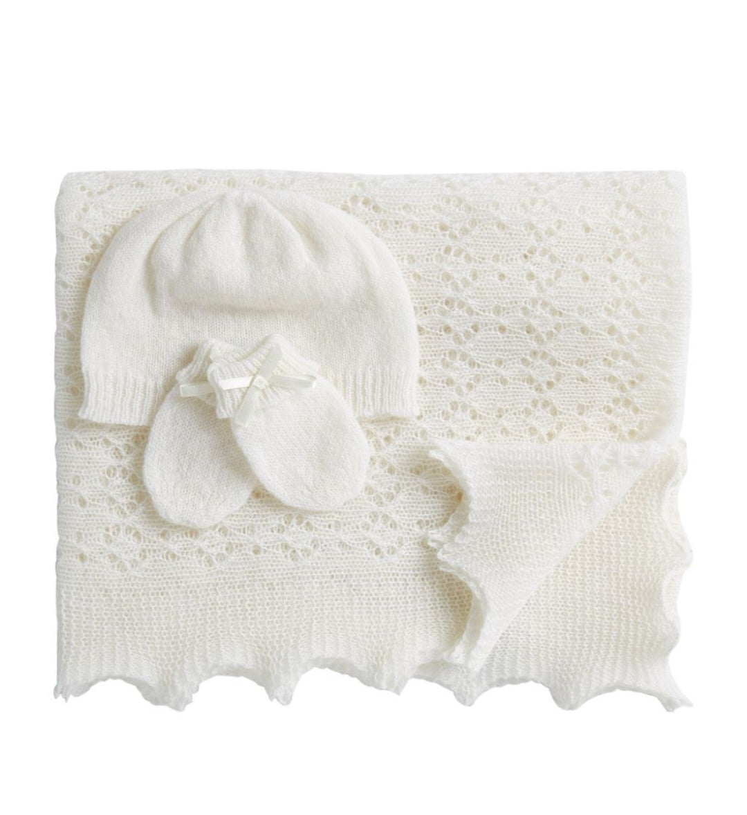soft white baby cashmere shawl, hat and mittens