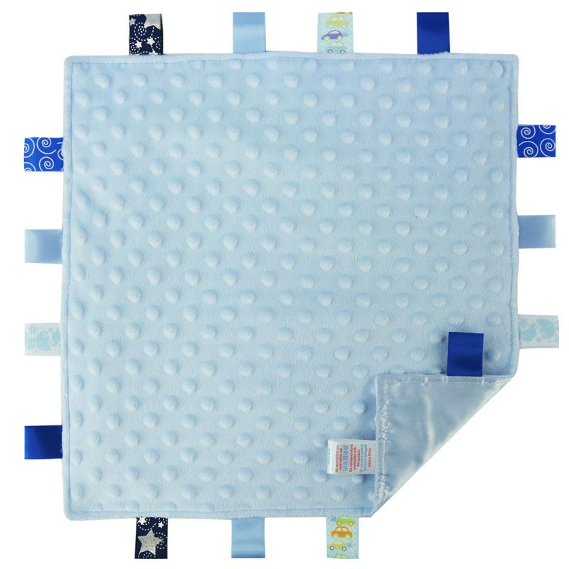 Baby Taggie Blanket, Personalised Blue Baby Comforter, Baby Boy Sensory Blanket