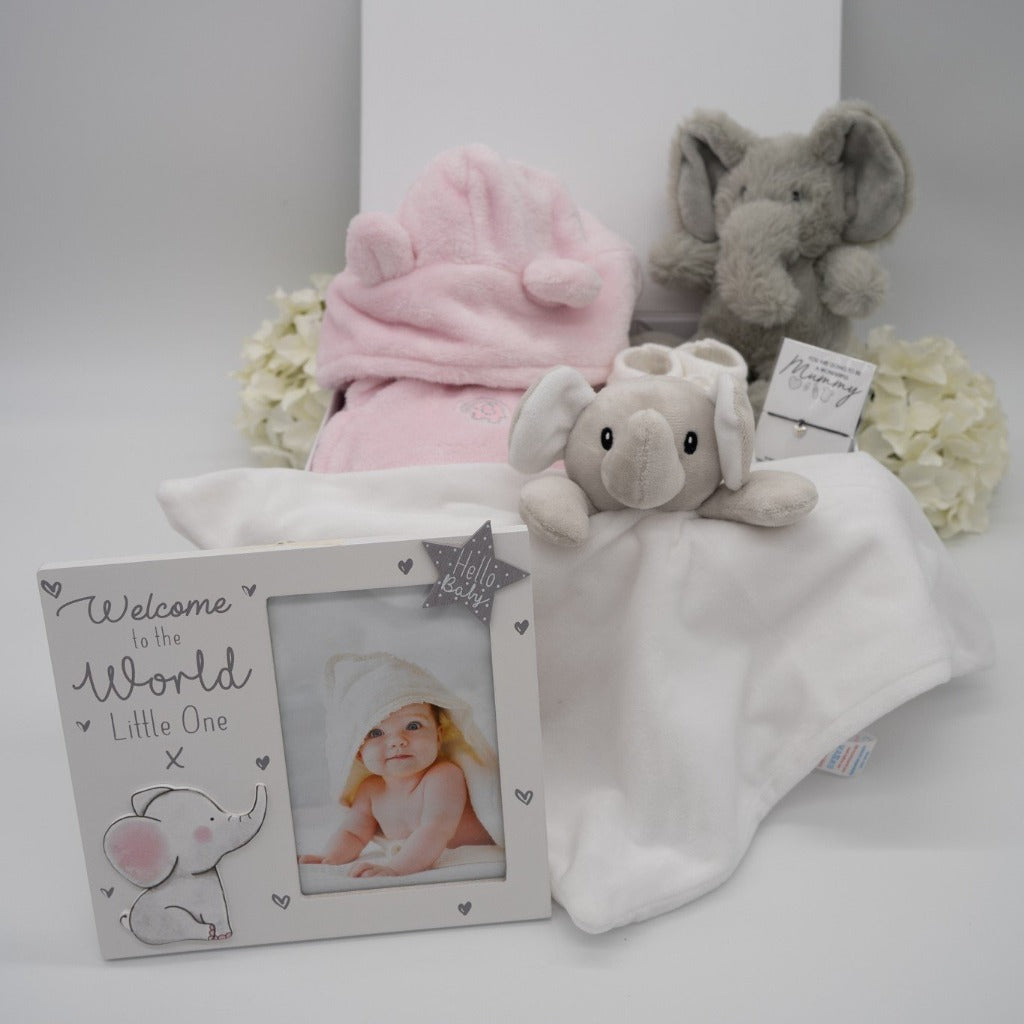 Personalisable Pink Baby Girl Elephant Themed Hamper - Roo And Little Boo