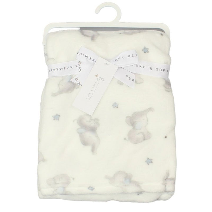 Cream baby blanket with grey elephants and blue stars
