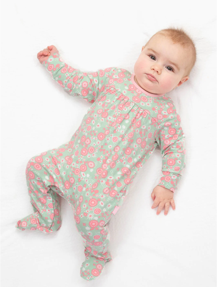 Organic baby girl sleepsuit in pale green with pink flowers 
