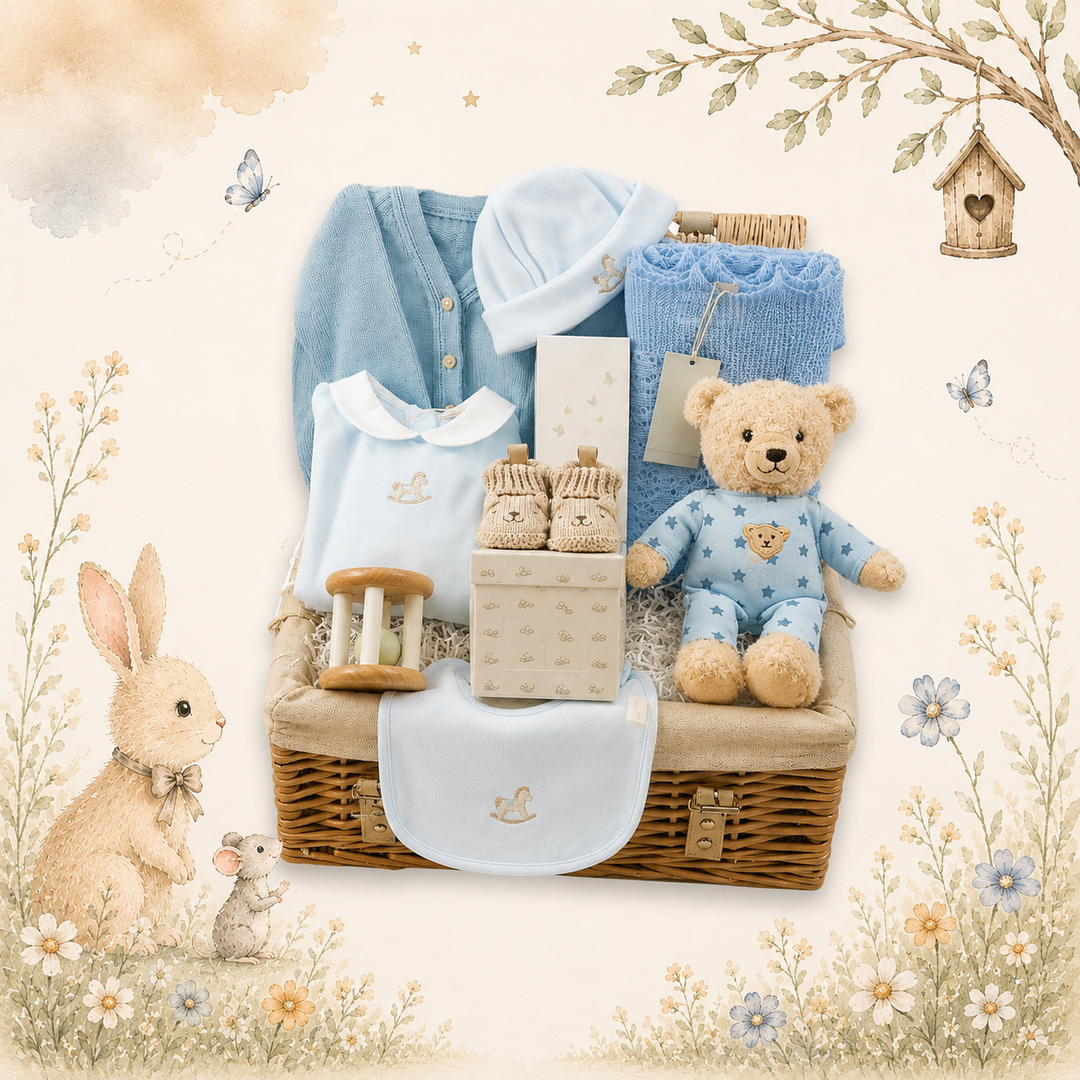 white hamper basket with baby boy gifts, Blade & Rose baby t-shirt with long sleeves in navy with applique teddy, striped navy leggings with teddy on the bum, organic toiletries, blue soft teddy bear, blue baby booties, baby swaddle with rabbits and owl