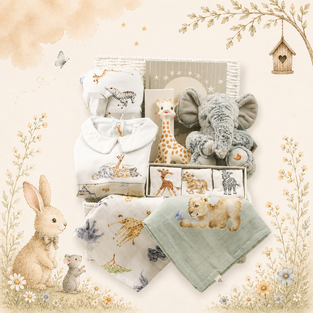 Mum to be hamper in a grey nappy caddy with a mint green baby towel with a lion face, baby mint green dressing gown, pregnancy toiletries, grey and white stripe blanket, muslin, baby elephant toy and matching comforter 