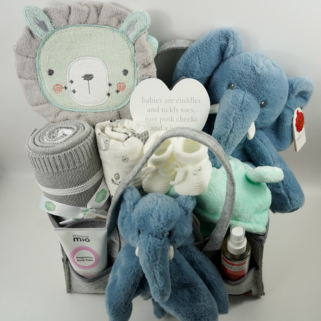 Mum to be hamper in a grey nappy caddy with a mint green baby towel with a lion face, baby mint green dressing gown, pregnancy toiletries, grey and white stripe blanket, muslin, baby elephant toy and matching comforter 