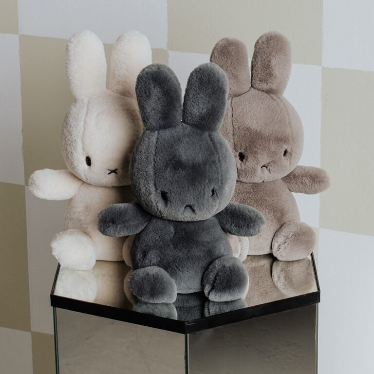 Three Cozy Miffy soft rabbit toys in taupe, grey and cream