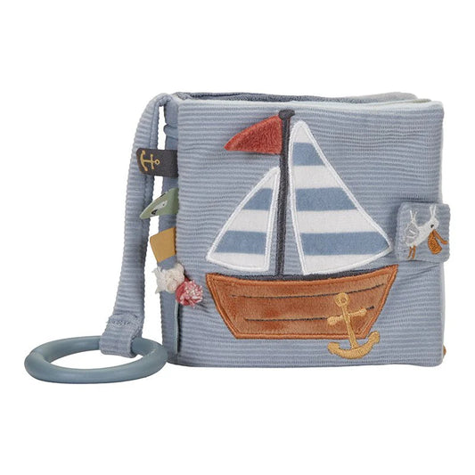 blue soft stroller activity book with sailing boat and taggires