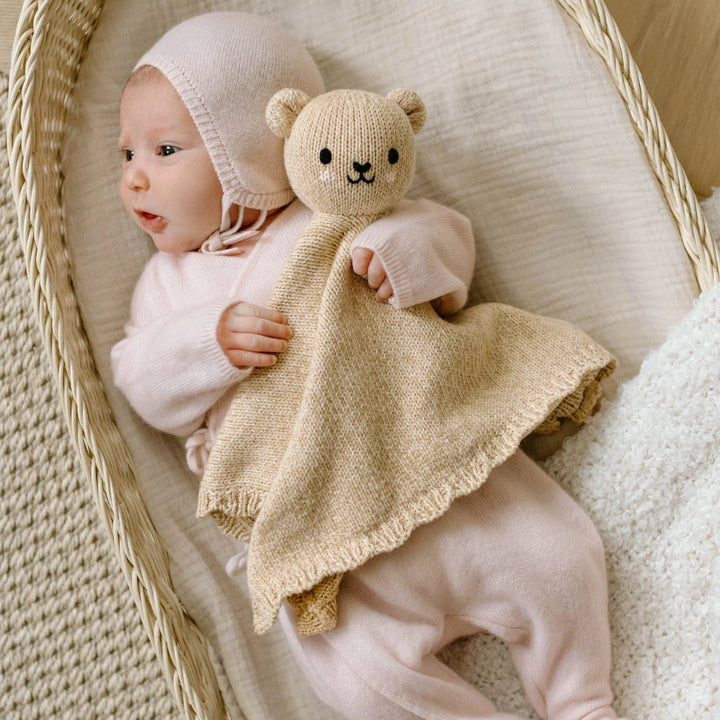 hony coloured baby bear organic hand knitted comforter 