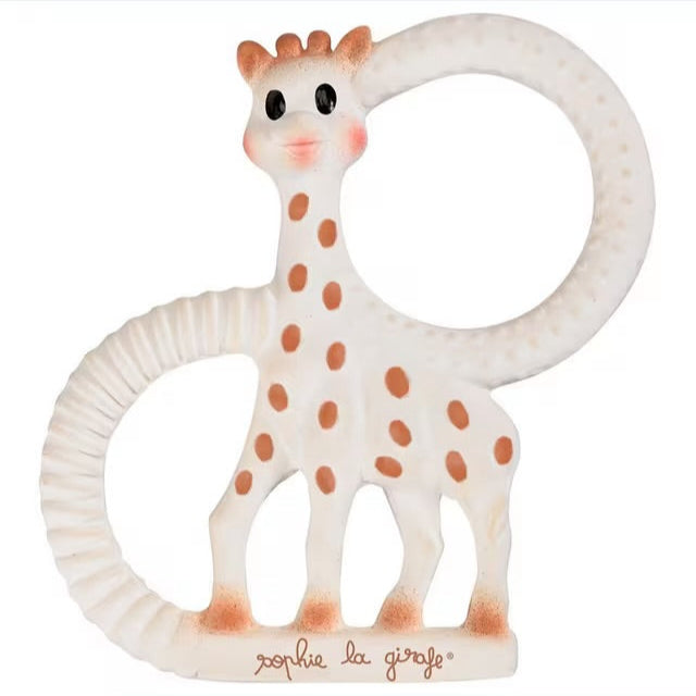 Giraffe-shaped teething toy with 'Sophie la girafe' branding on a white background