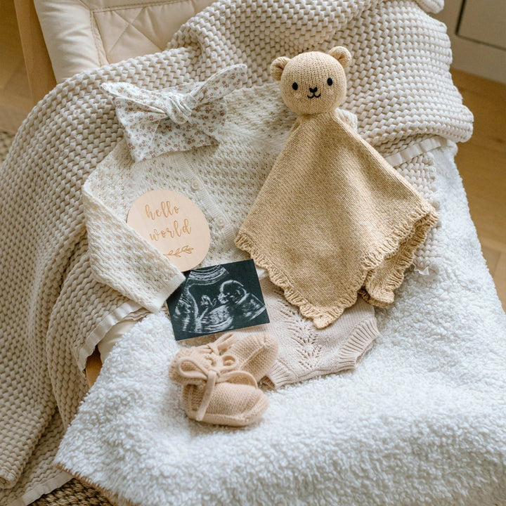 hony coloured baby bear organic hand knitted comforter 