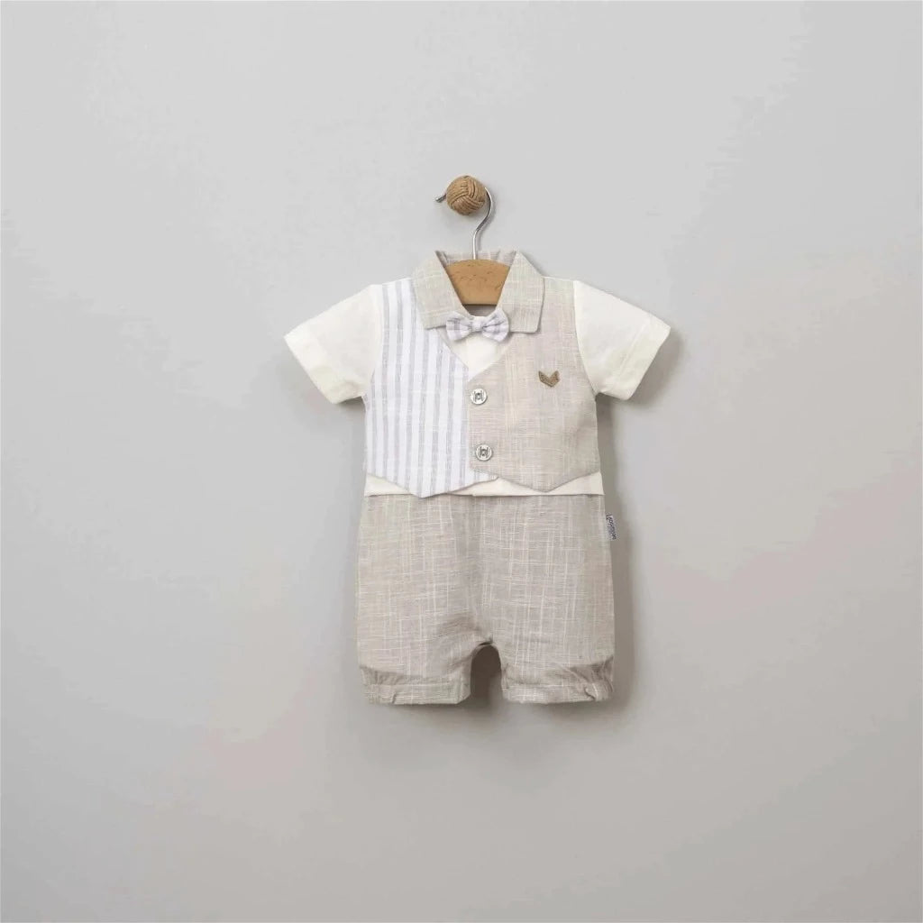 Spanish Style baby boy romper in beige and white with a collar, waistcoat and bow tie 