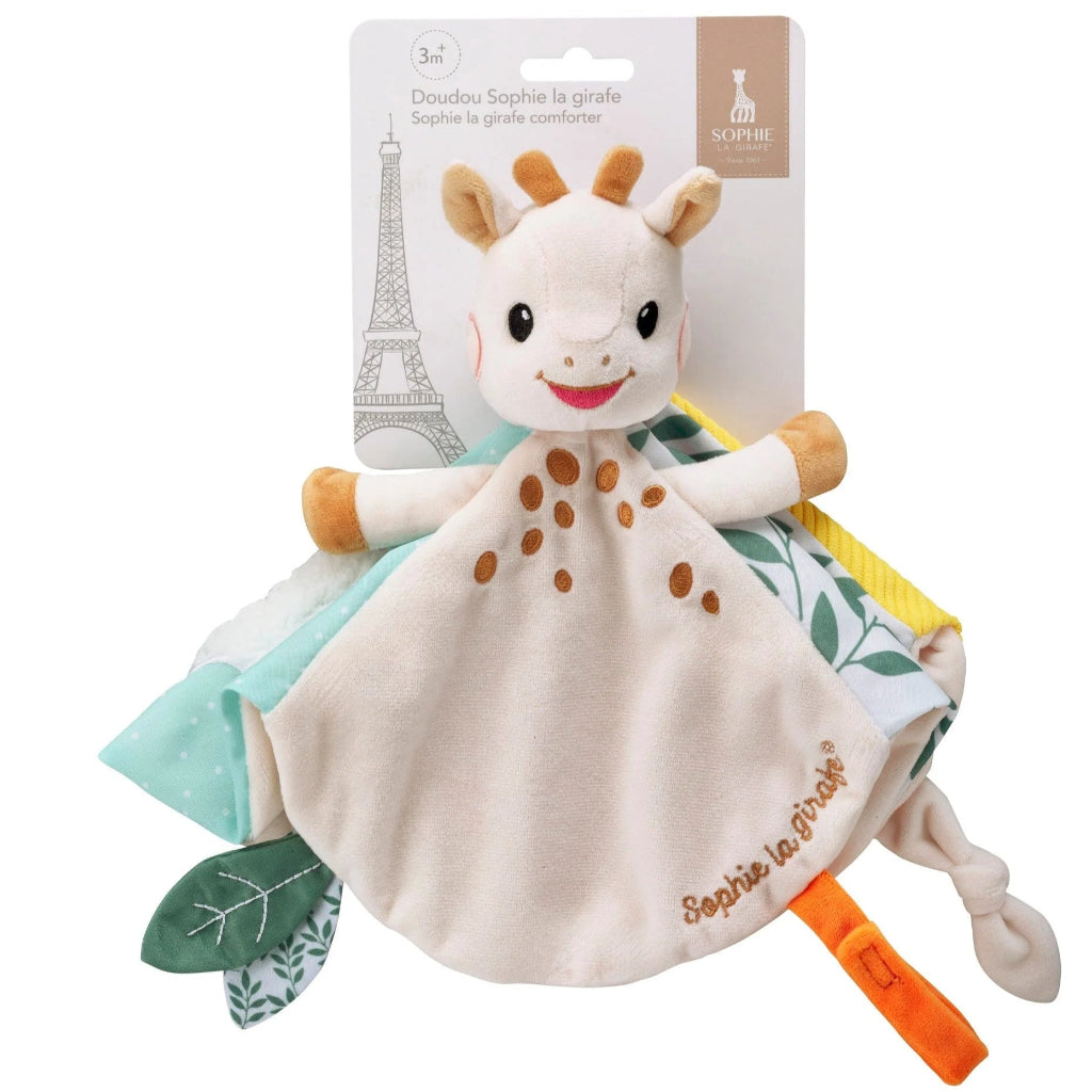 sophie la girafe baby comforter with brightly coloured taggies 