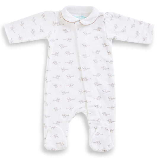 White cotton baby sleepsuit with grey mice design and grey piping on the peter pan collar, magnet closure
