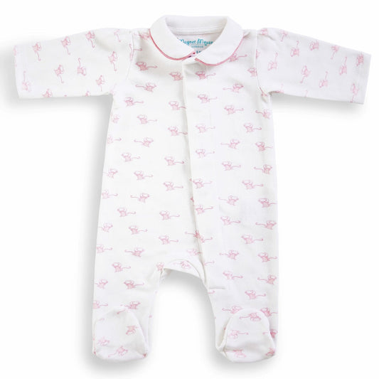 white baby sleepsuit with pink mice and piped pink edging, magnetic fasteners