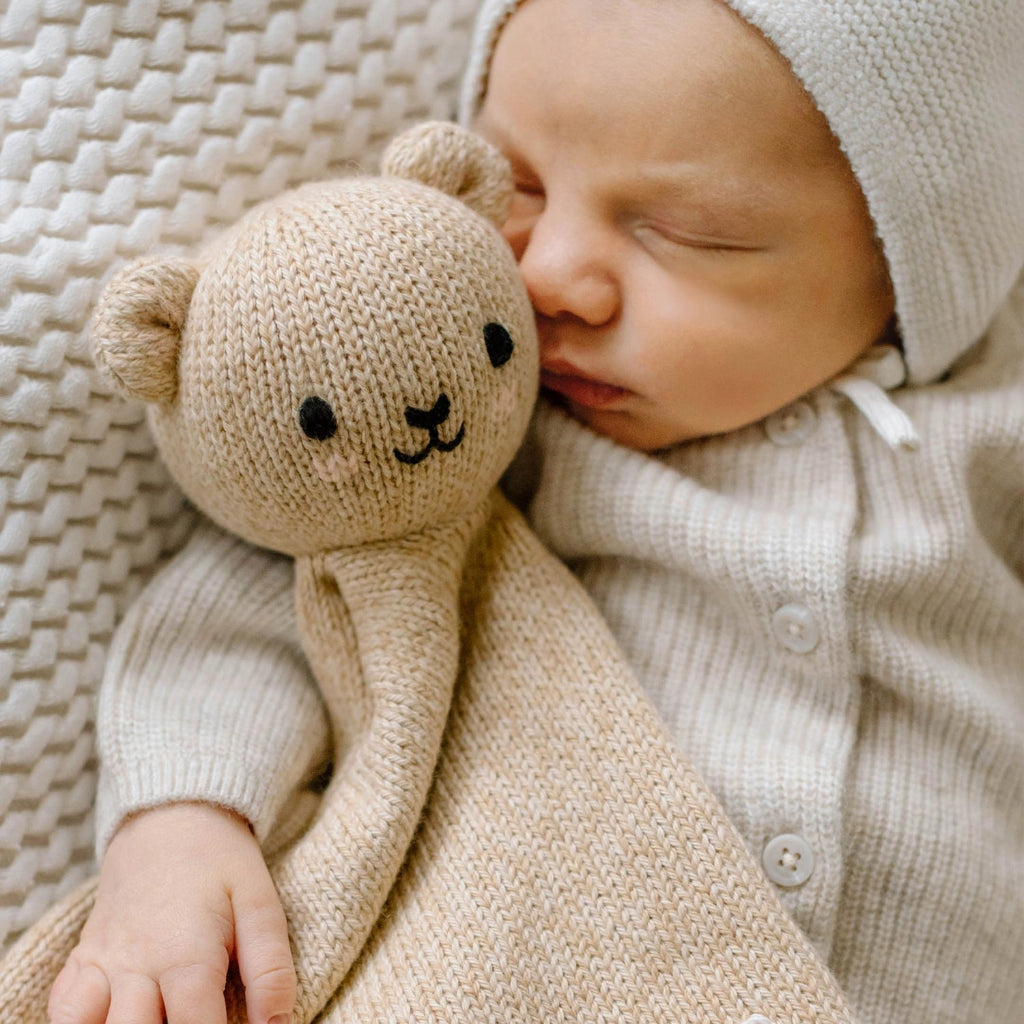 hony coloured baby bear organic hand knitted comforter 