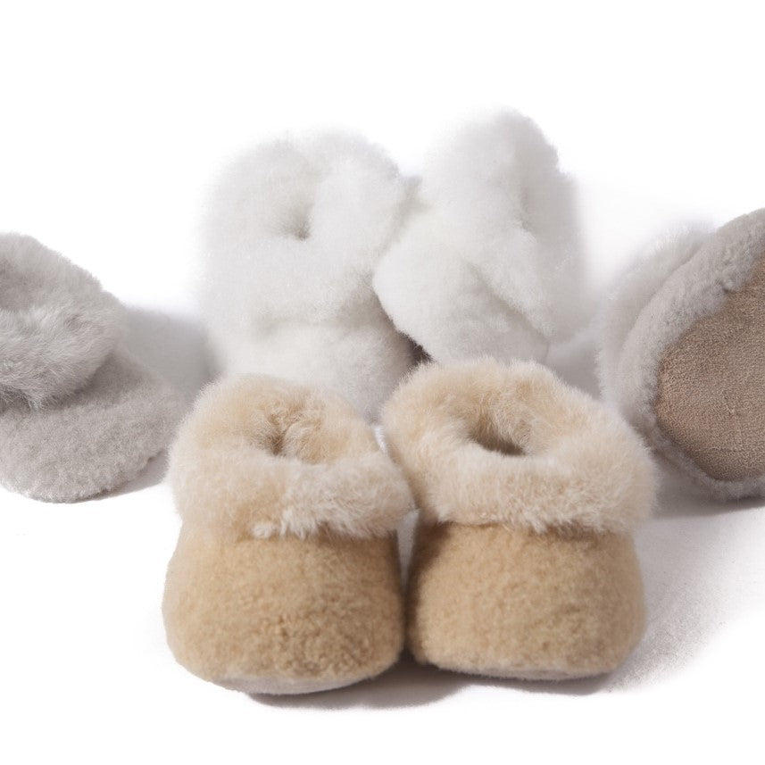 Alpaca and merino baby slippers in soft muted colours