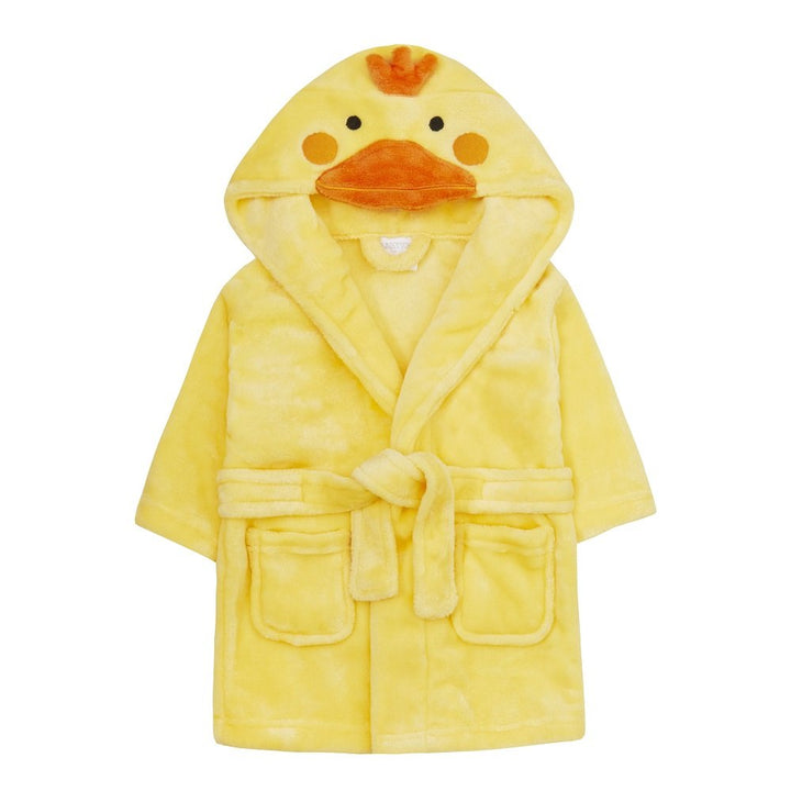 white hamper box with yellow baby dressing gown with duck face hood, soft cuddly yellow duck toy, white muslin square with yellow duck pattern., white knit baby booties, white baby sleep suit with zebra, giraffe and elephant and applique NEWBIE all in grey, yellow and orange, Early years baby journal 