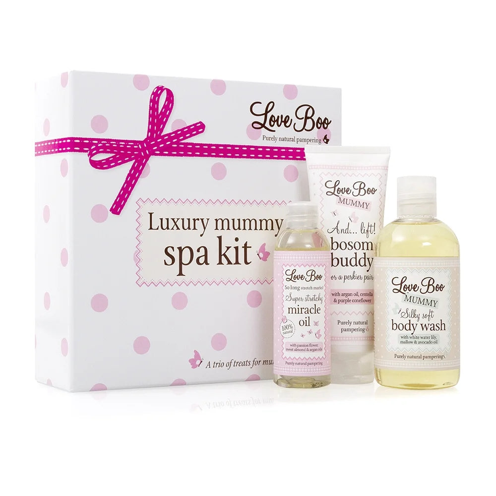 Boxed luxury mummy spar toiletries including miracle oil, body was and bosom cream