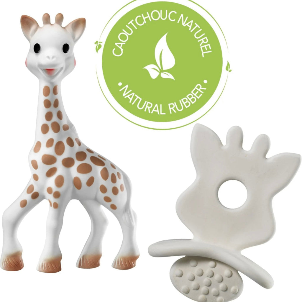 Sophie la girafe toy and chewing rubber in packaging with visible brand logo.