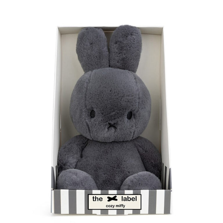 Grey cozy Miffy rabbit soft toy in a box