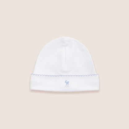 Luxury G.H.Hurt & Son baby hat with blue picot edging and fawn, containing 50% LENZING™ Micro Modal and 50% organic combed cotton.