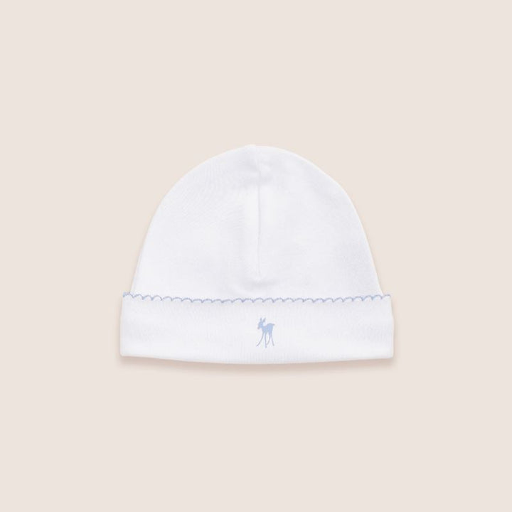 Luxury G.H.Hurt & Son baby hat with blue picot edging and fawn, containing 50% LENZING™ Micro Modal and 50% organic combed cotton.