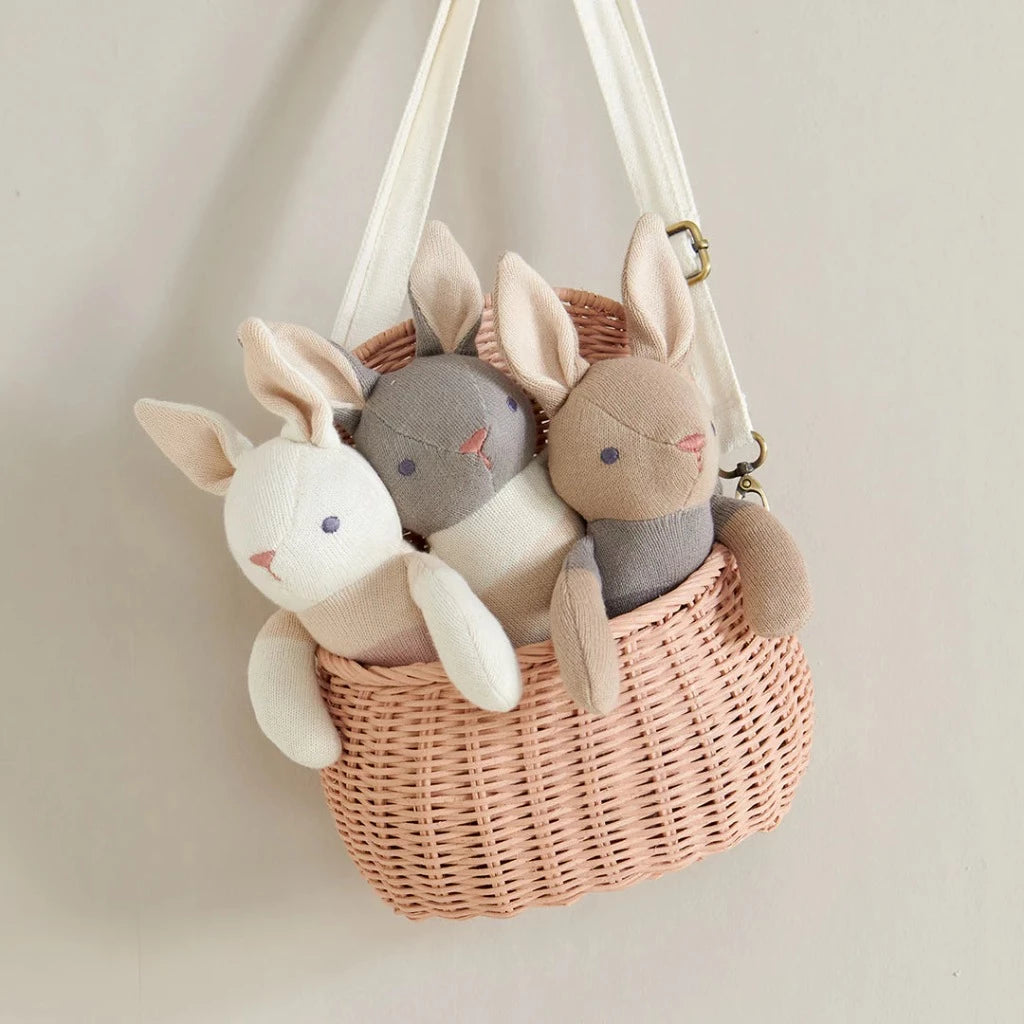 Taupe coloured cotton organic baby rabbit soft toy