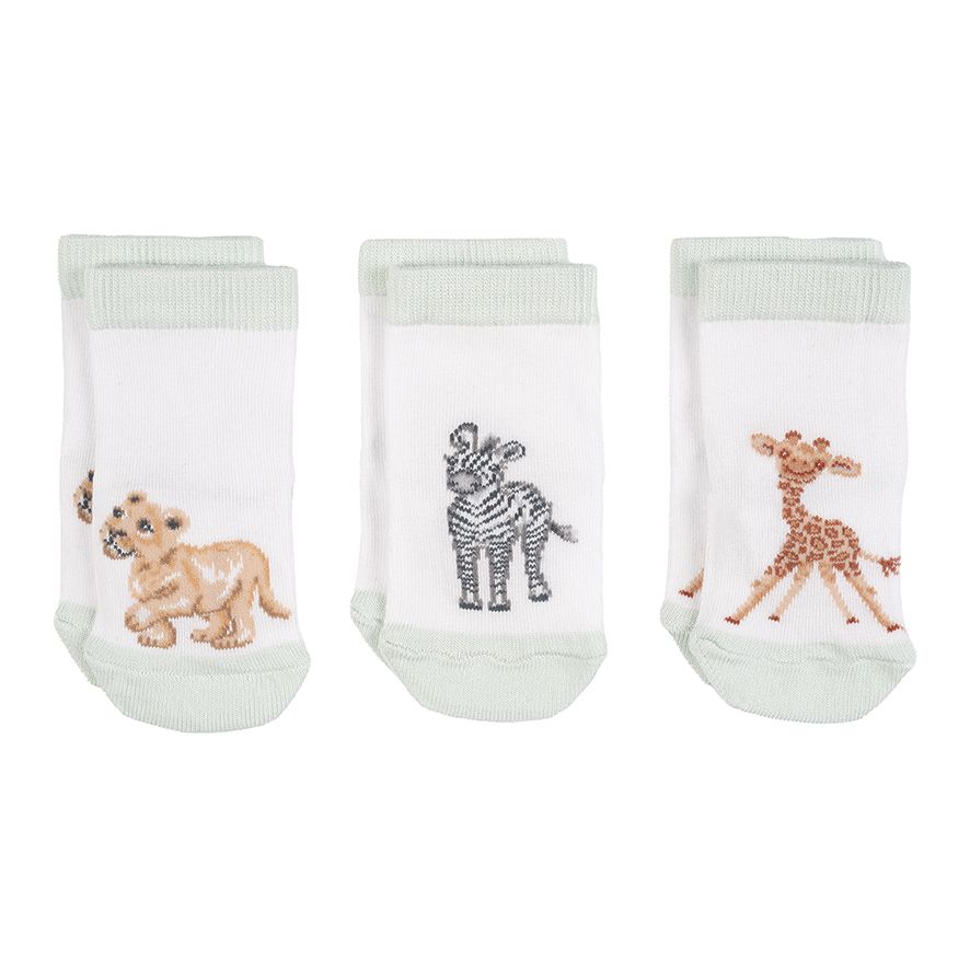 3 pairs of baby socks in white with pale green trim and safari animal print
