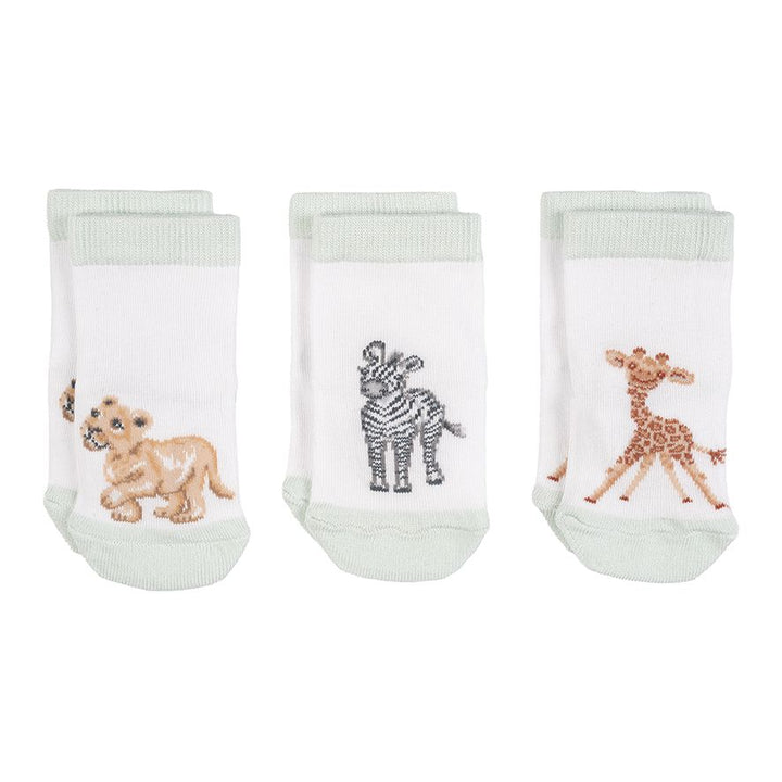 3 pairs of baby socks in white with pale green trim and safari animal print