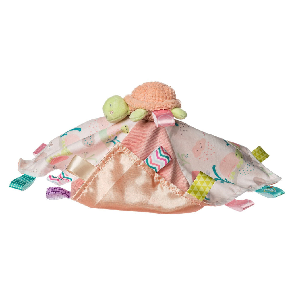 peach and yellow baby taggie comforter with turtle 