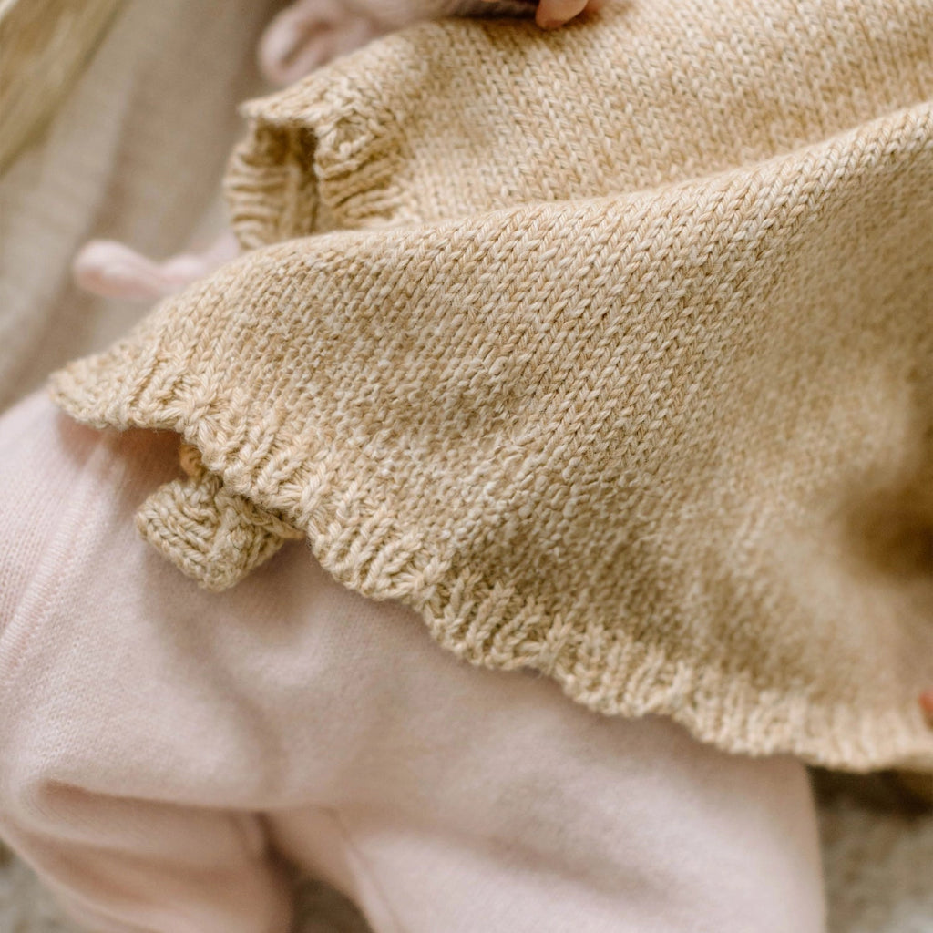 hony coloured baby bear organic hand knitted comforter 