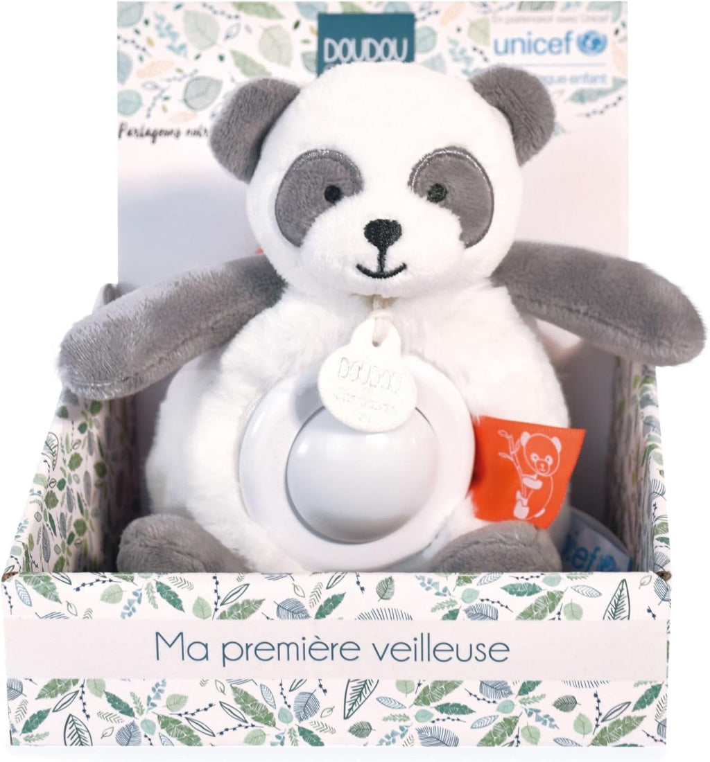 luxury Doudou et Compagnie soft grey and white panda musical light toy